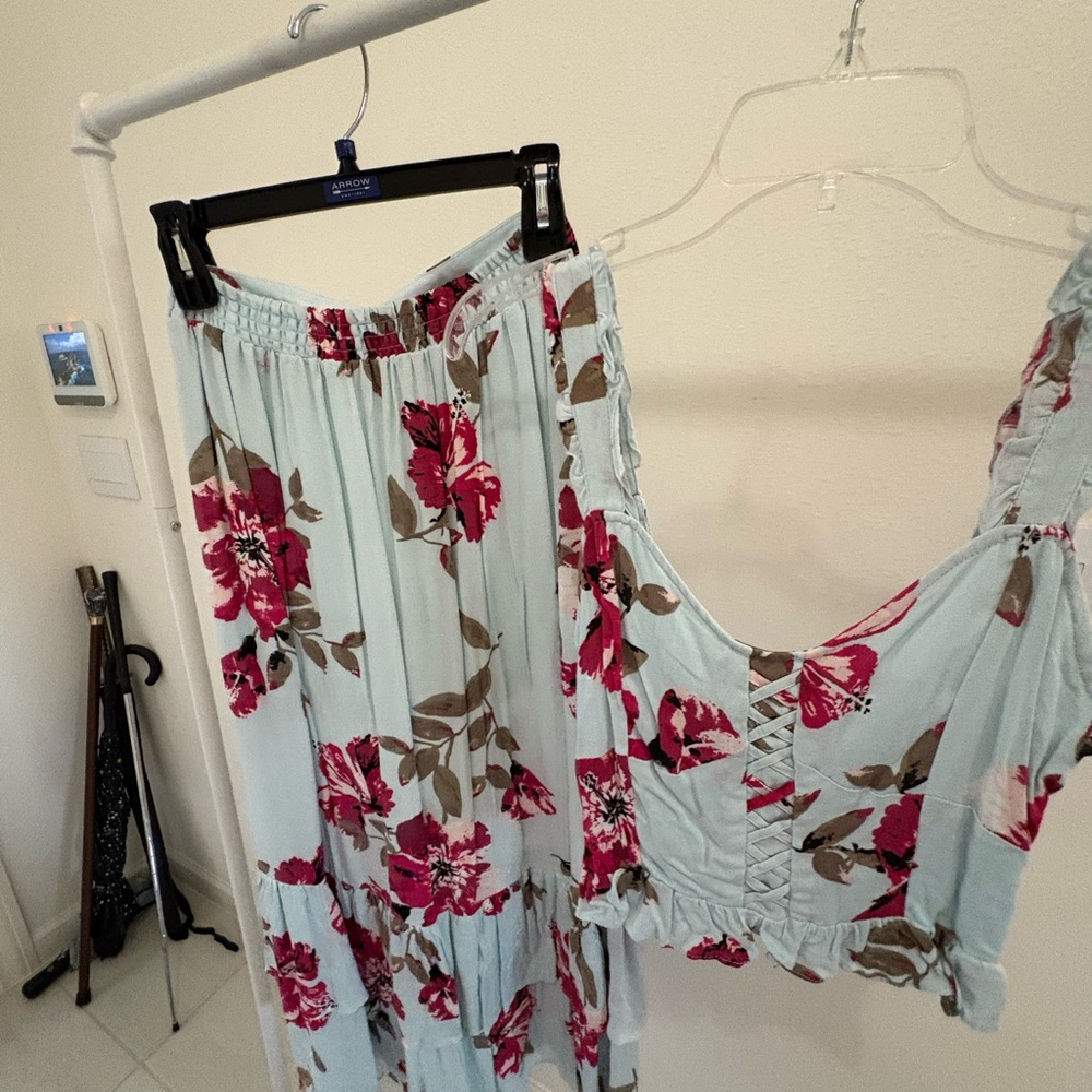 Floral Print Women's Skirt - Blue and Red